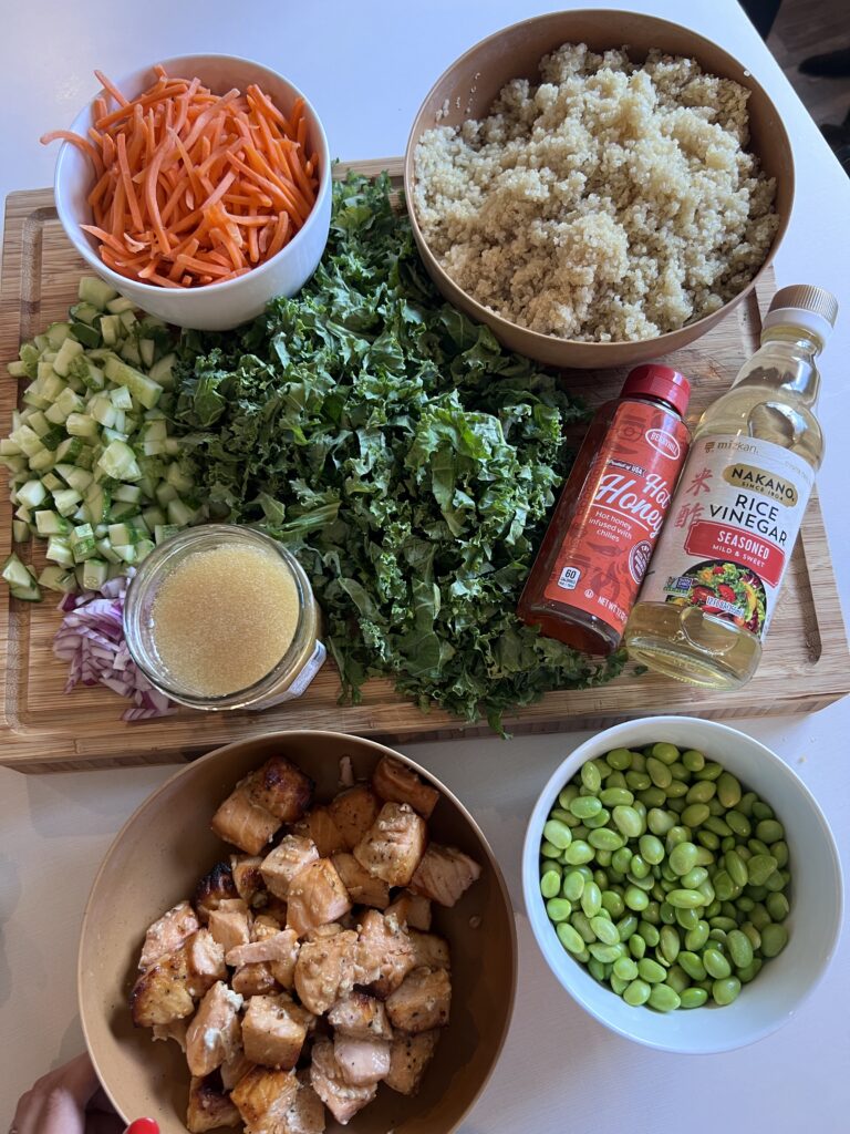 Salmon, Kale, Quinoa, Broccoli, Cucumber & Edamame Salad With Homemade Dressing